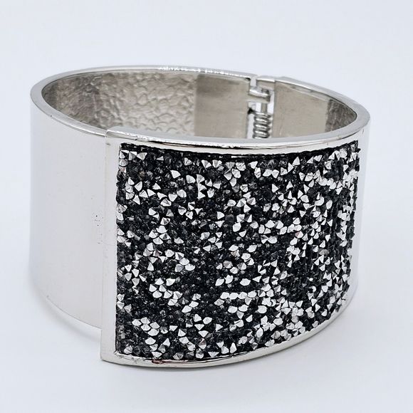 INC Cuff Bracelet Clamper Faux Druzy Rhinestone Wide Black Silver Tone Statement - Picture 3 of 9